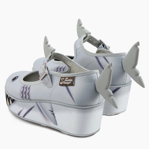 Unique Smiley Shark Fun Embellished Chunky Platform Closed Toe Mary Jane Wedges - Picture 4 of 9